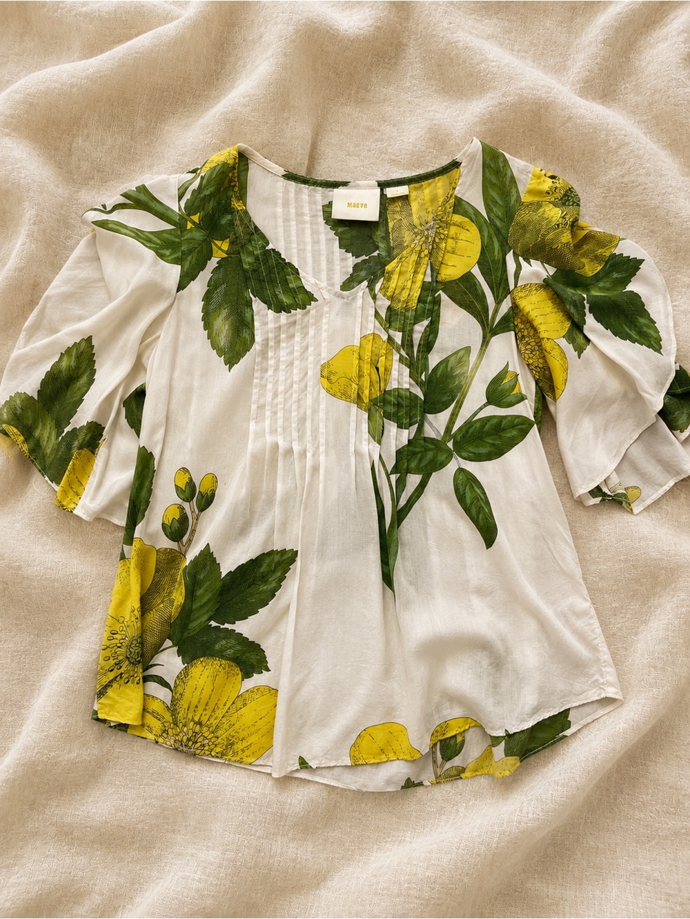 Anthropologie White Blouse with Yellow and Green Floral Print